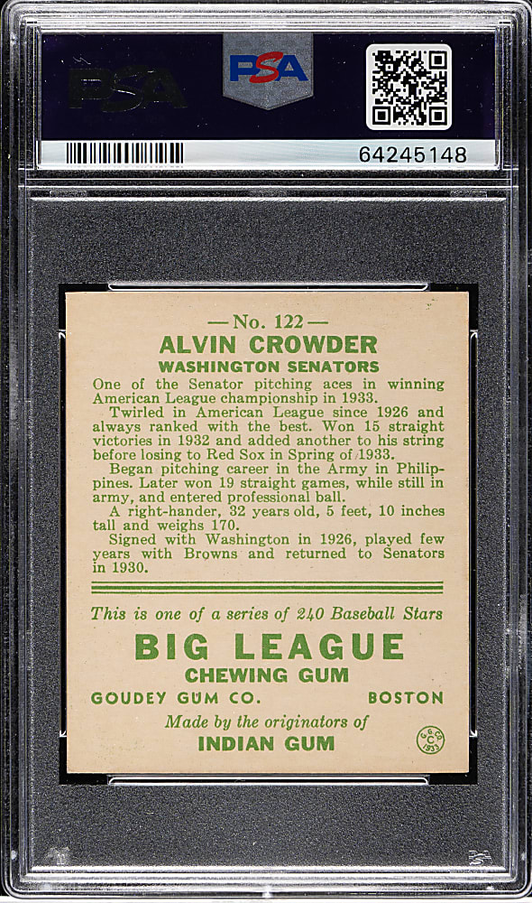 1933 R319 Goudey #122 Alvin Crowder PSA EX 5