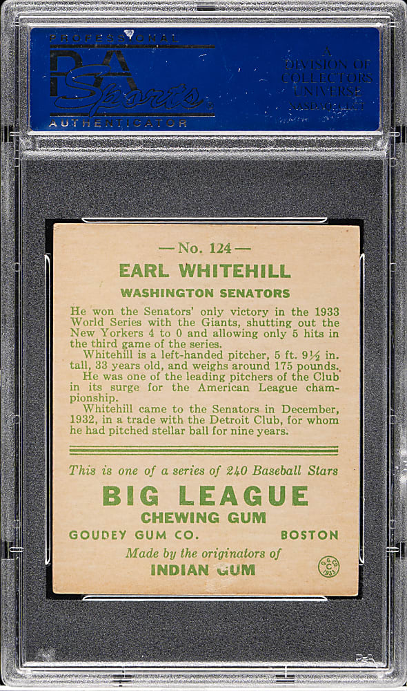 1933 R319 Goudey #124 Earl Whitehill PSA EX 5