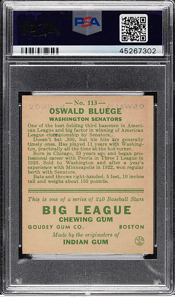 1933 R319 Goudey #113 Oswald Bluege PSA EX 5