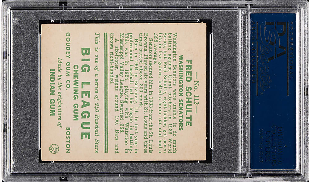 1933 R319 Goudey #112 Fred Schulte PSA EX 5