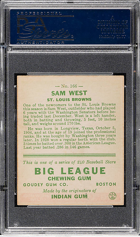 1933 R319 Goudey #166 Sam West PSA EX-MT 6