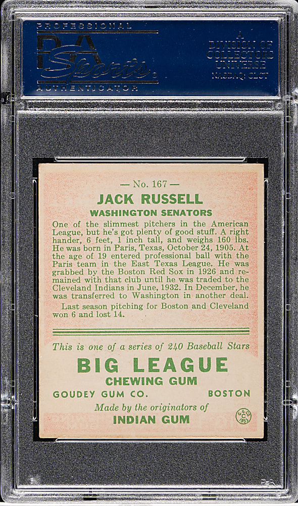 1933 R319 Goudey #167 Jack Russell PSA EX-MT 6