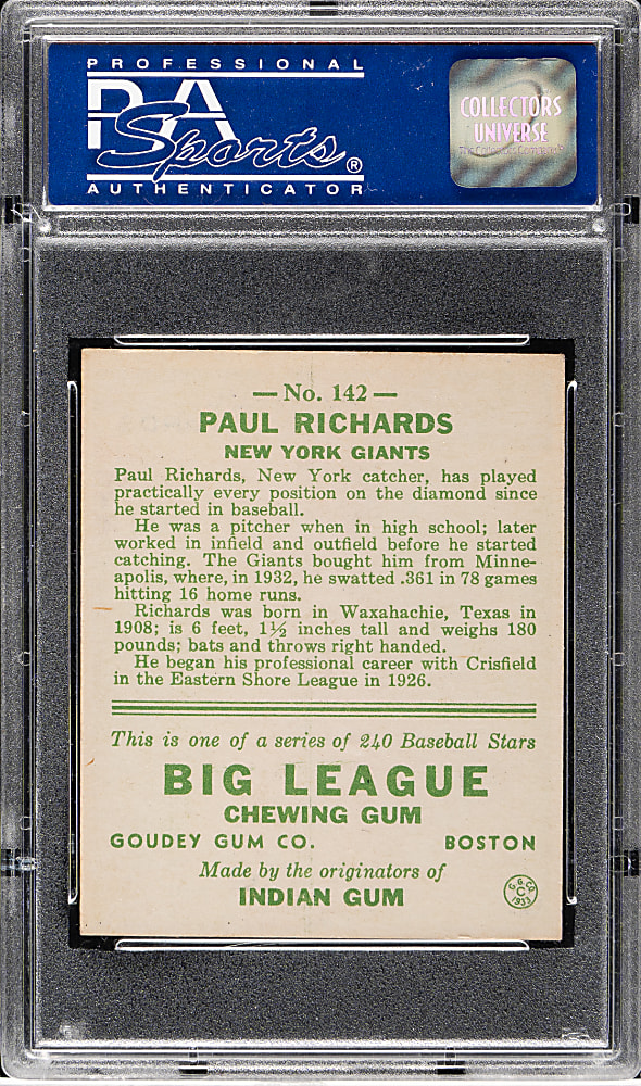 1933 R319 Goudey #142 Paul Richards PSA EX-MT 6