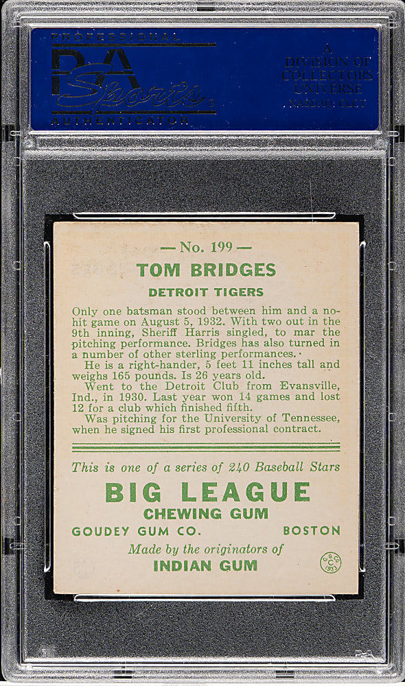 1933 R319 Goudey #199 Tom Bridges PSA EX-MT 6