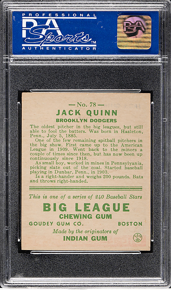 1933 R319 Goudey #78 Jack Quinn PSA EX-MT 6