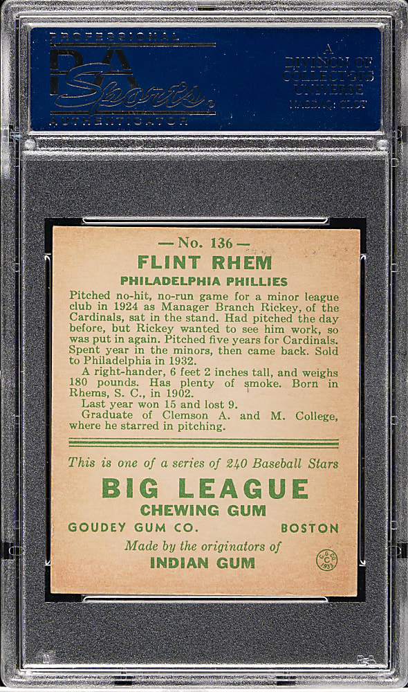 1933 R319 Goudey #136 Flint Rhem PSA EX-MT 6