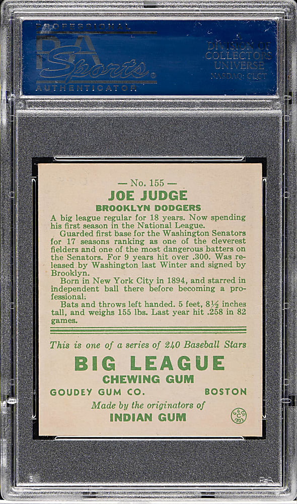 1933 R319 Goudey #155 Joe Judge PSA EX-MT 6