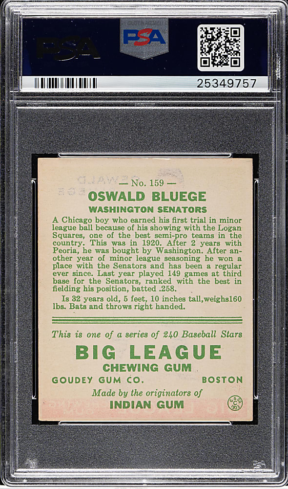1933 R319 Goudey #159 Oswald Bluege PSA EX-MT 6