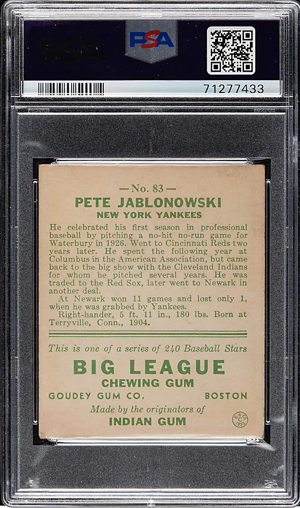 1933 R319 Goudey #83 Pete Jablonowski PSA VG-EX 4