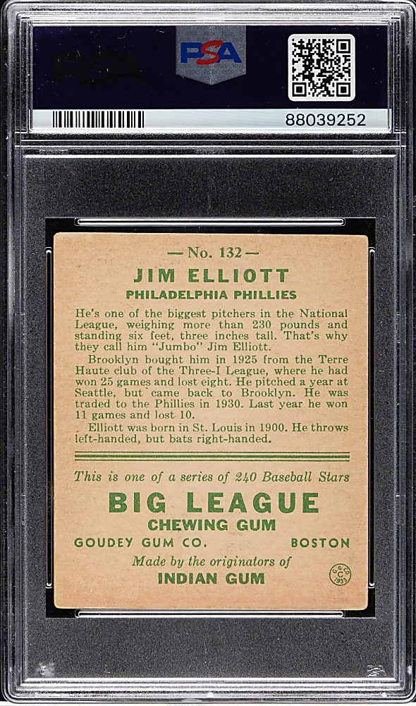 1933 R319 Goudey #132 Jim Elliott PSA VG-EX 4