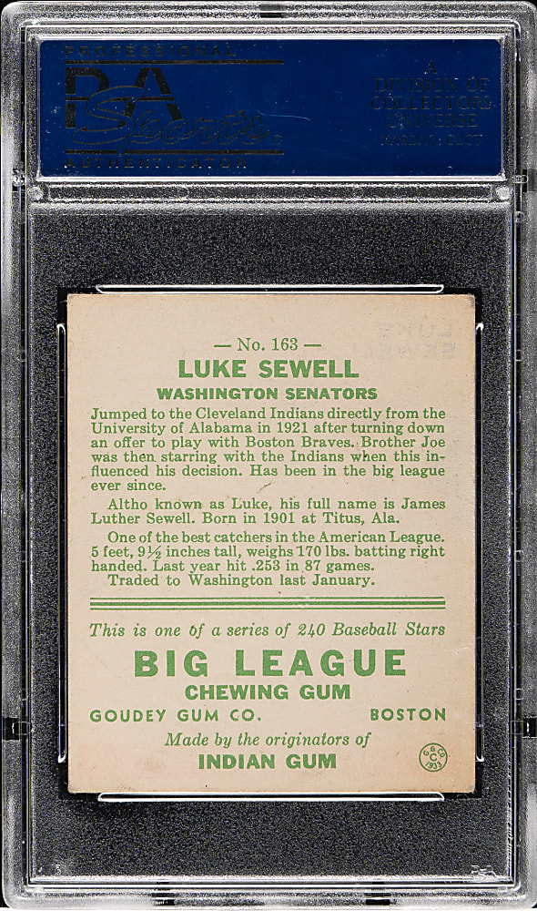 1933 R319 Goudey #163 Luke Sewell PSA VG-EX 4