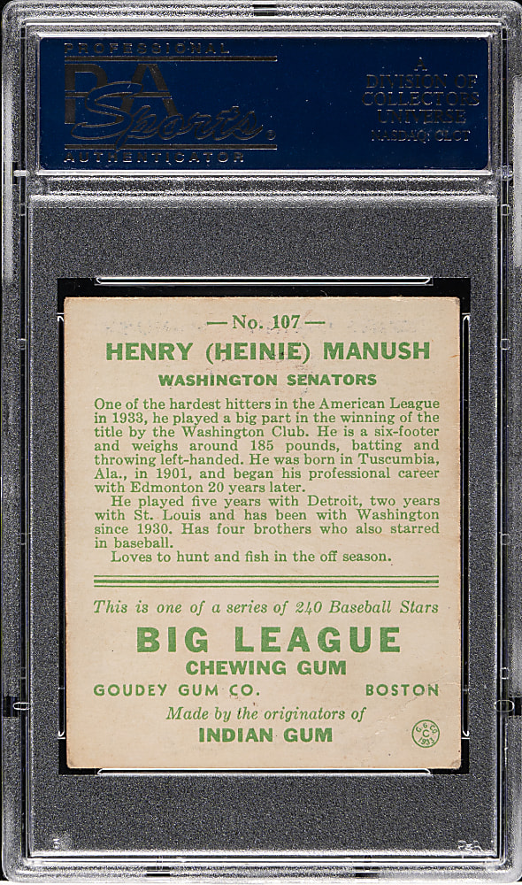 1933 R319 Goudey #107 Heinie Manush PSA VG-EX 4