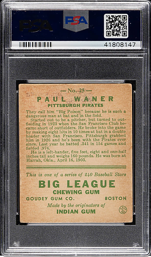 1933 R319 Goudey #25 Paul Waner PSA VG-EX 4