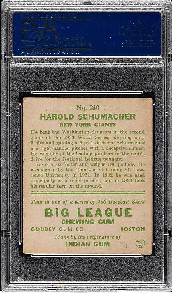 1933 R319 Goudey #240 Harold Schumacher PSA VG-EX 4