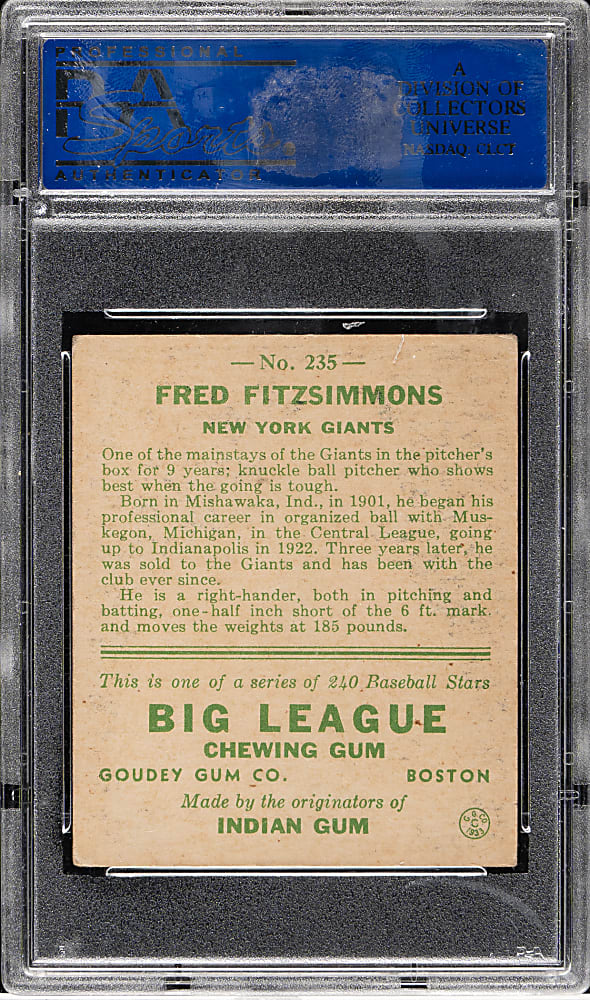 1933 R319 Goudey #235 Fred Fitzsimmons PSA VG-EX 4