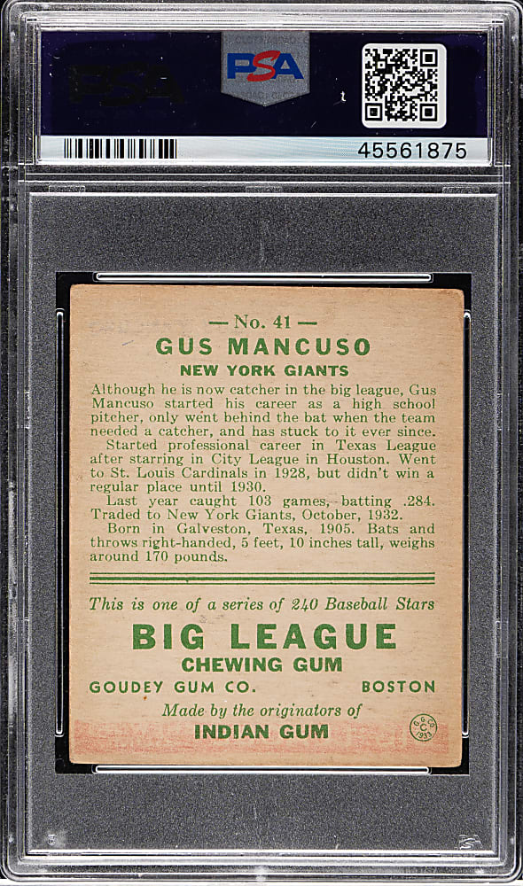 1933 R319 Goudey #41 Gus Mancuso PSA VG-EX 4