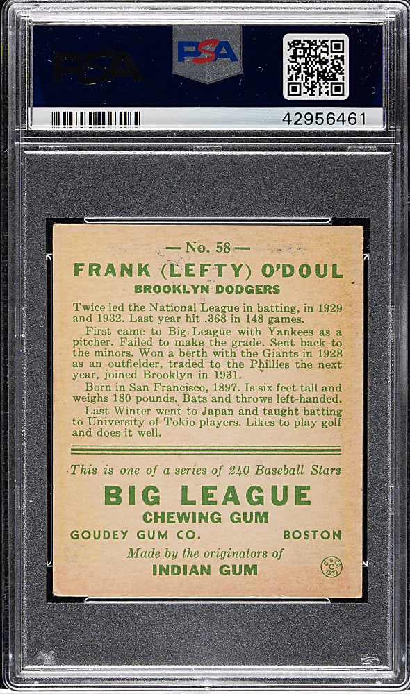 1933 R319 Goudey #58 Lefty O'Doul PSA VG-EX 4