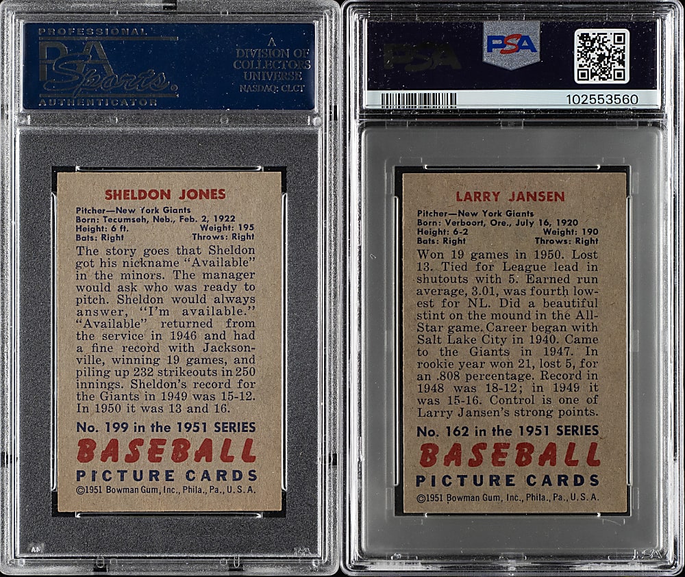 1951 Bowman #162 Larry Jansen and #199 Sheldon Jones PSA NM 7 Pair