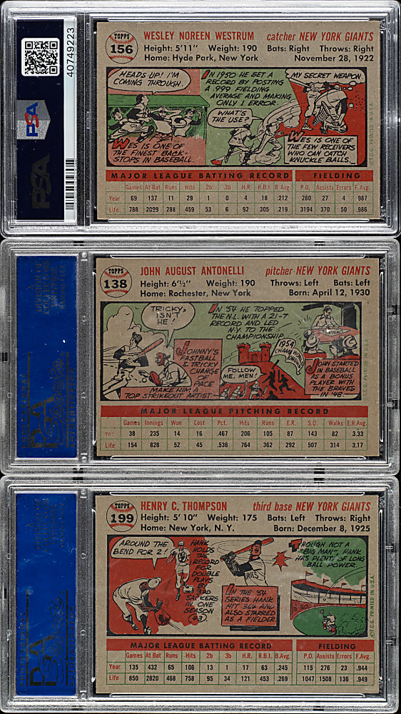 1956 Topps PSA NM 7 Trio: West Westrum, Hank Thompson, and Johnny Antonelli
