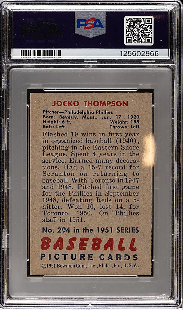 1951 Bowman #294 Jocko Thompson PSA EX-MT 6