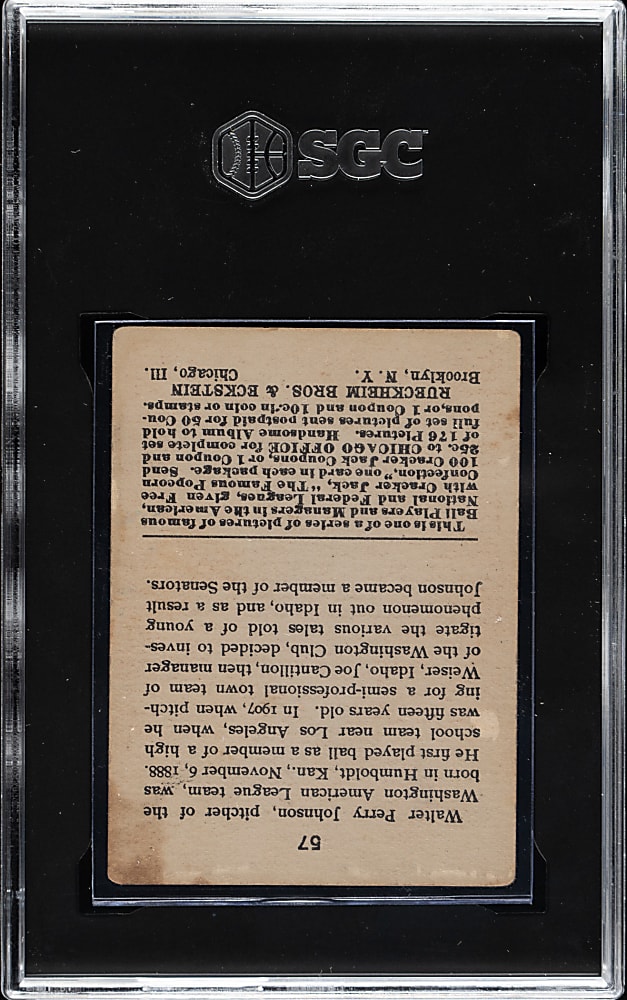 1915 E145 Cracker Jack #57 Walter Johnson SGC VG/EX 4