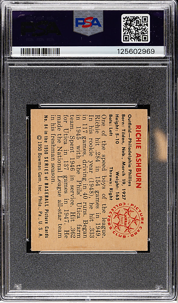1950 Bowman #84 Richie Ashburn PSA EX 5
