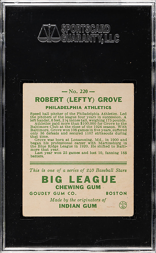 1933 R319 Goudey #220 Lefty Grove SGC GOOD 30