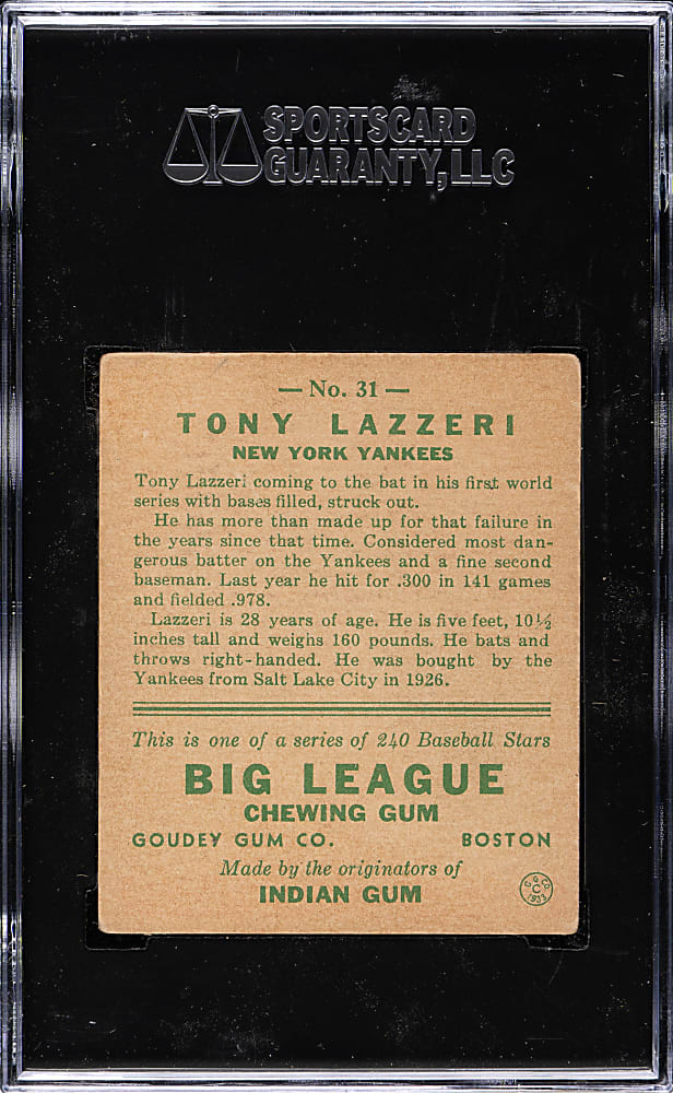 1933 R319 Goudey #31 Tony Lazzeri SGC VG 40