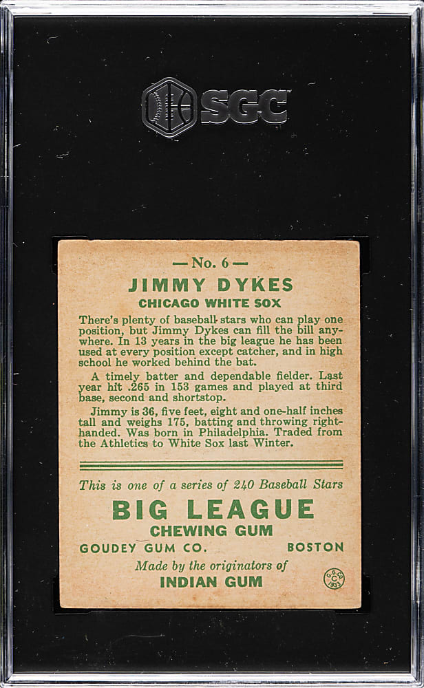 1933 R319 Goudey #6 Jimmy Dykes Age 36 in Bio SGC VG 3