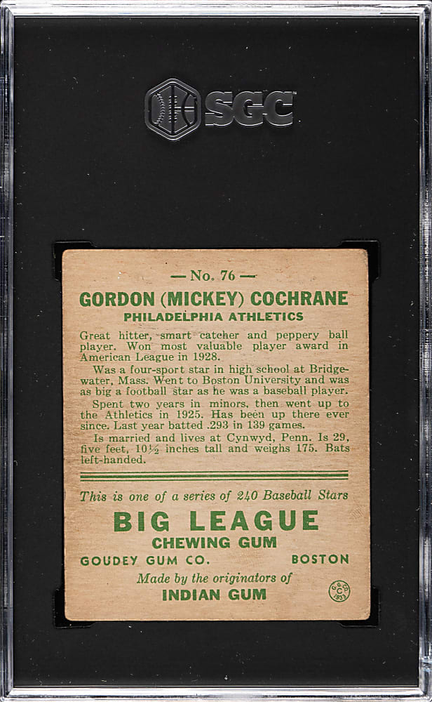 1933 R319 Goudey #76 Mickey Cochrane SGC VG 3