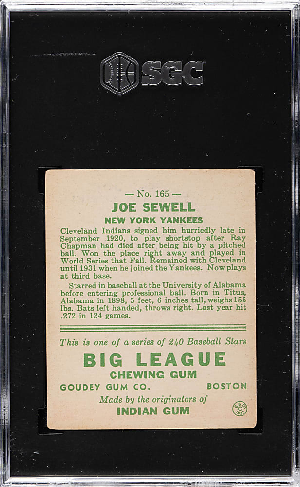1933 R319 Goudey #165 Joe Sewell SGC VG/EX 4