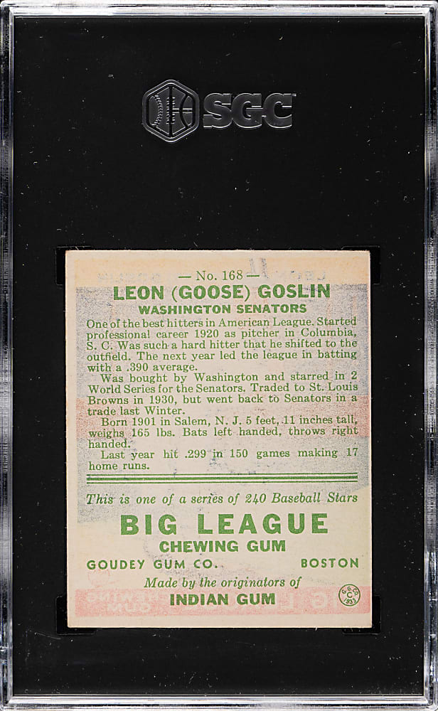 1933 R319 Goudey #168 Goose Goslin SGC VG/EX 4
