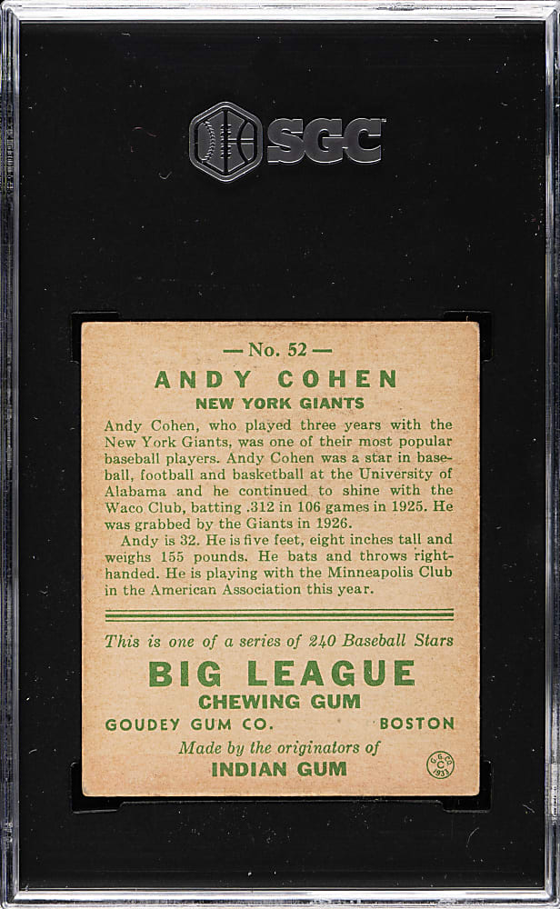 1933 R319 Goudey #52 Andy Cohen SGC VG/EX 4