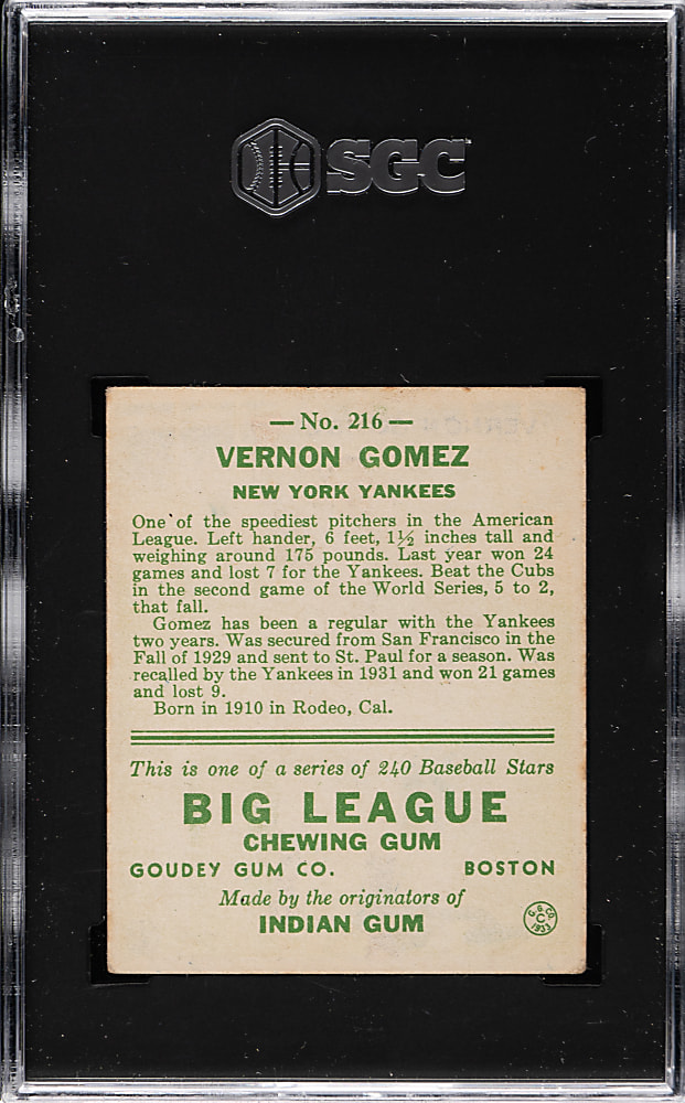 1933 R319 Goudey #216 Vernon Gomez SGC VG/EX 4