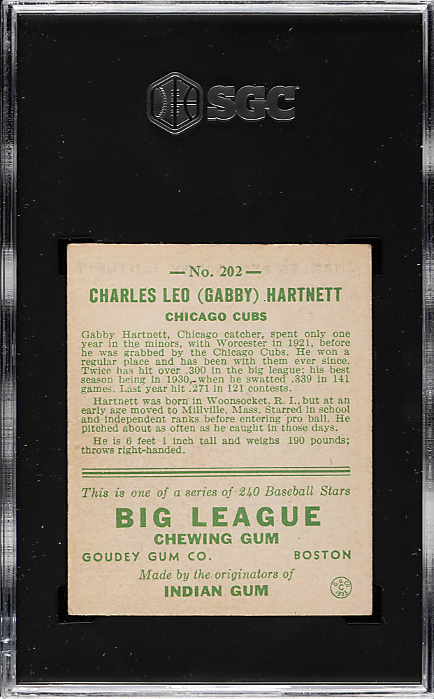 1933 R319 Goudey #202 Gabby Hartnett SGC VG/EX 4