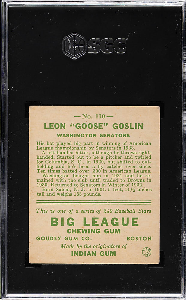 1933 R319 Goudey #110 Goose Goslin SGC VG/EX 4