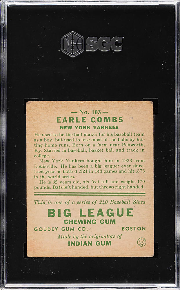 1933 R319 Goudey #103 Earle Combs SGC VG/EX 4