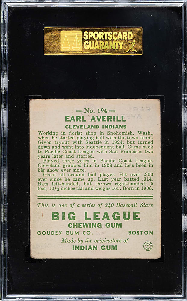1933 R319 Goudey #194 Earl Averill SGC VG/EX 50