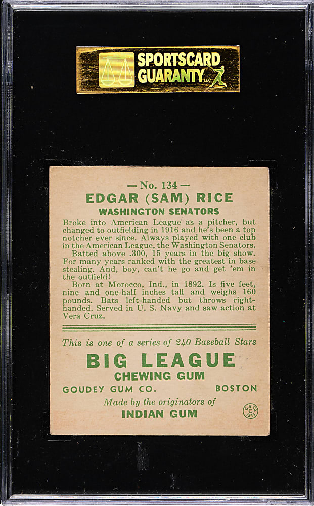 1933 R319 Goudey #134 Sam Rice SGC VG/EX 50