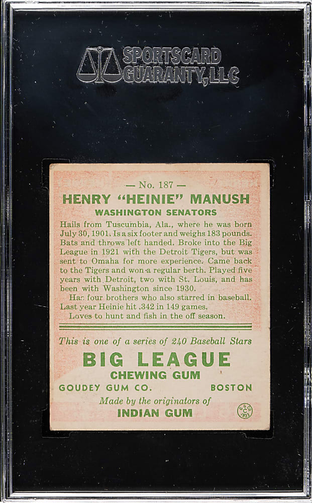 1933 R319 Goudey #187 Heinie Manush SGC VG/EX+ 55