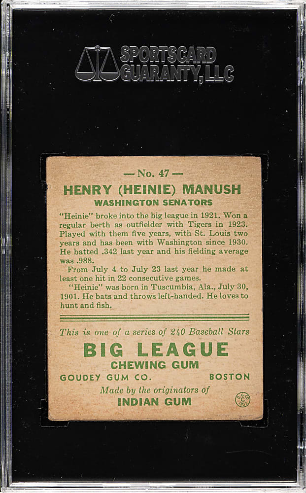 1933 R319 Goudey #47 Heinie Manush SGC VG/EX+ 55