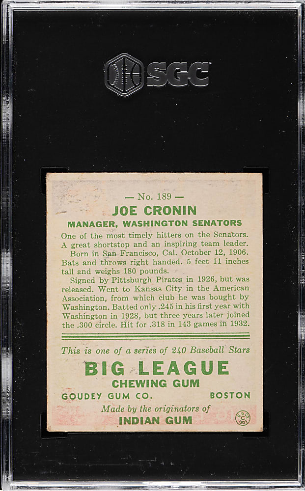 1933 R319 Goudey #189 Joe Cronin SGC EX 5