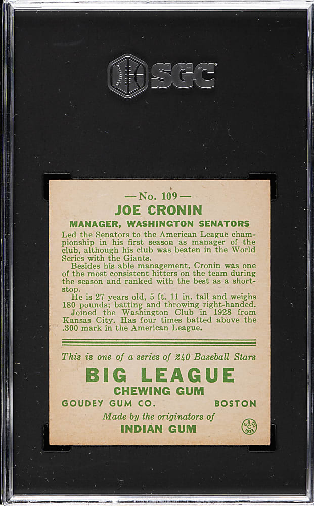 1933 R319 Goudey #109 Joe Cronin SGC EX 5