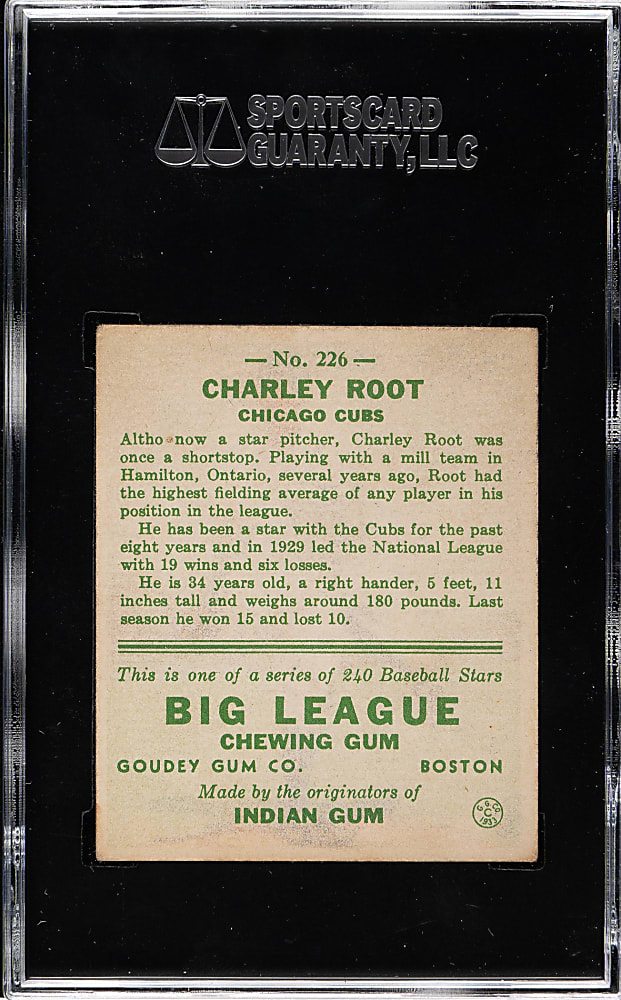 1933 R319 Goudey #226 Charley Root SGC EX 60