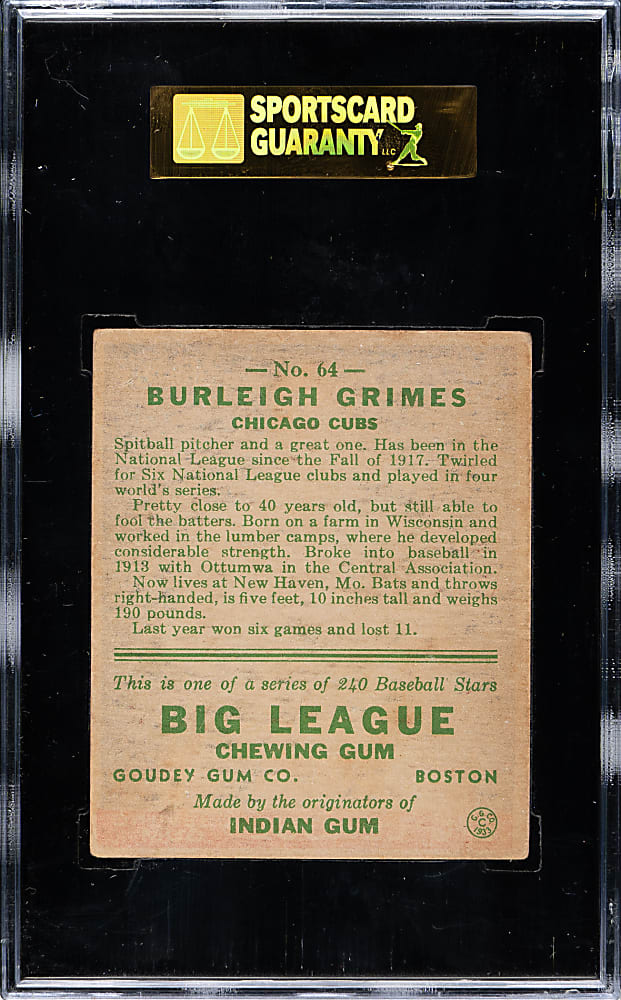 1933 R319 Goudey #64 Burleigh Grimes SGC EX 60