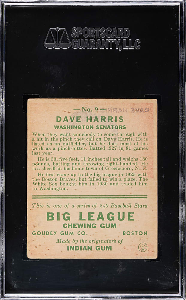 1933 R319 Goudey #9 Dave Harris SGC EX 60