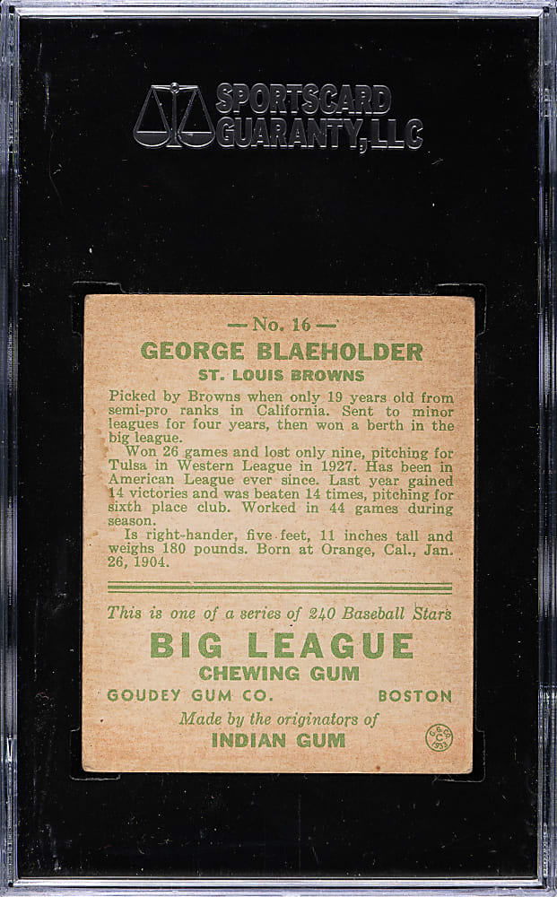 1933 R319 Goudey #16 George Blaeholder SGC EX 60