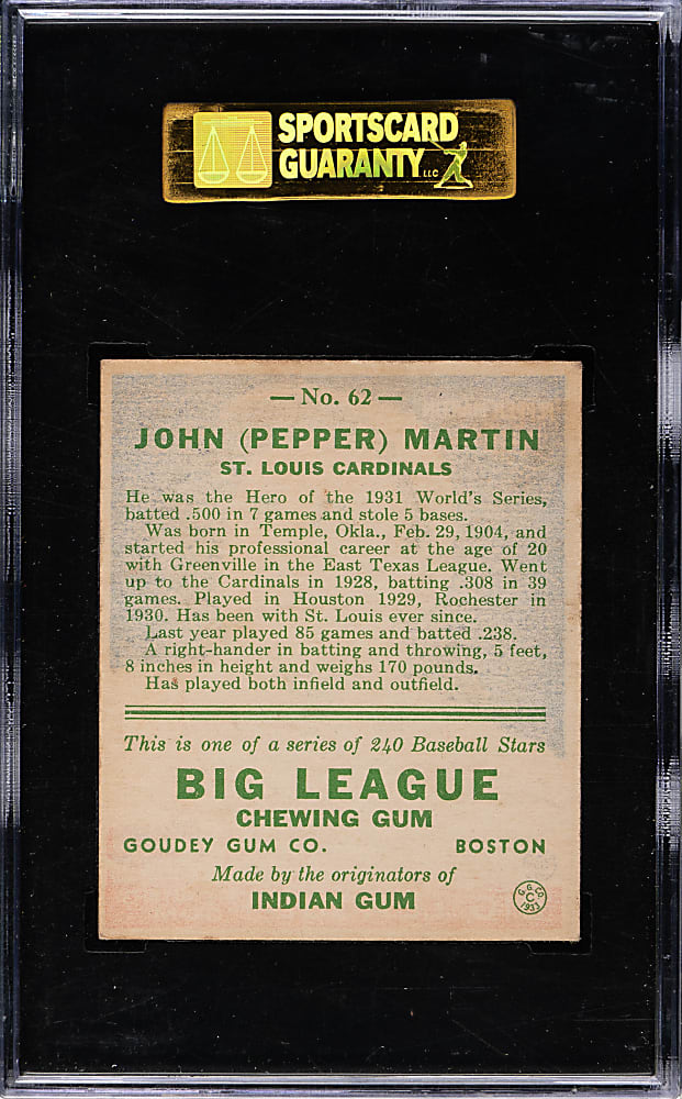 1933 R319 Goudey #62 Pepper Martin SGC EX/NM 80