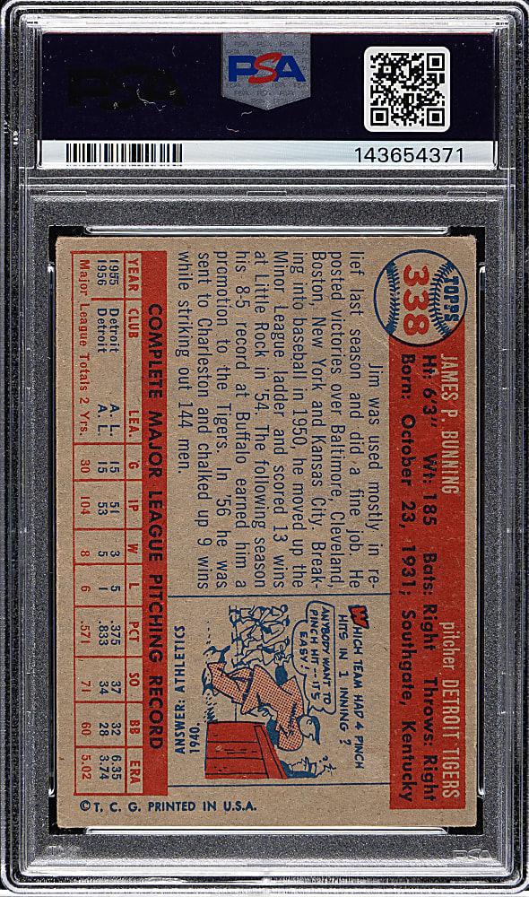 1957 Topps #338 Jim Bunning Rookie PSA GOOD 2