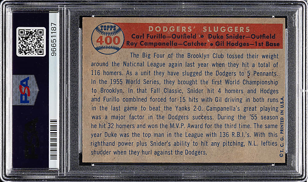 1957 Topps #400 Dodgers' Sluggers with Hodges, Campanella, and Snider PSA EX-MT 6